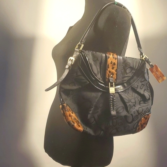 Bebe Black Animal Print Details  Faux Fur Studded Shoulder Bag Hand Bag - Picture 7 of 13